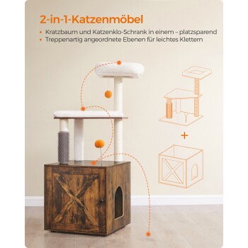 2-in-1 Katzenmöbel mit einem Kratzbaum und einem Katzenklo-Schrank, mit gestuften Ebenen zum Klettern und einem verspielten orangen Pompon.
