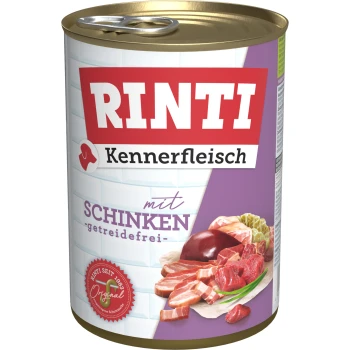 Nourriture pour chien en conserve étiquetée 'RINTI Kennerfleisch mit Schinken - getreidefrei,' présentant diverses découpes de viande à l'avant.