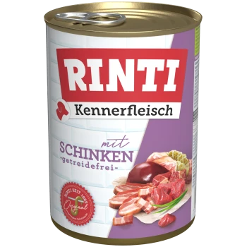 Dosen-Hundefutter mit der Aufschrift "RINTI Kennerfleisch mit Schinken - getreidefrei," mit verschiedenen Fleischstücken auf der Vorderseite.
