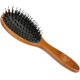 A wooden pet grooming brush with a black bristle pad, featuring fine black bristles and the text "TAKE CARE" engraved on the handle.