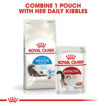 Royal Canin packaging shows "Home Life Indoor Long Hair" kibble and "Instinctive" wet food, with "COMBINE 1 POUCH WITH KIBBLES."