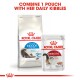 Royal Canin packaging shows "Home Life Indoor Long Hair" kibble and "Instinctive" wet food, with "COMBINE 1 POUCH WITH KIBBLES."