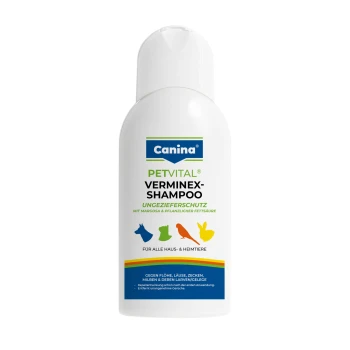 Canina PETVITAL Verminex-Shampoo-Flasche – weißes Haustiershampoo zum Schutz vor Parasiten (deutsches Etikett, Haustiersilhouetten).