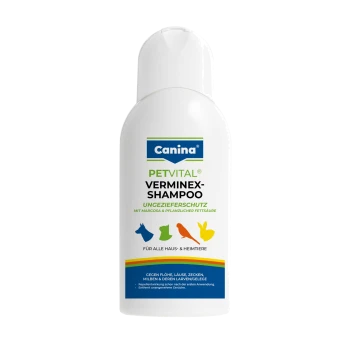 Canina PETVITAL Verminex-Shampoo-Flasche – weißes Haustiershampoo zum Schutz vor Parasiten (deutsches Etikett, Haustiersilhouetten).