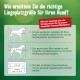 Infografika dotycząca określania odpowiedniego rozmiaru legowiska dla psów, z diagramem psa i krokami do pomiaru długości oraz dodawania przestrzeni. Tekst w języku niemieckim zawiera instrukcje i notatkę o pomocy ze strony personelu.