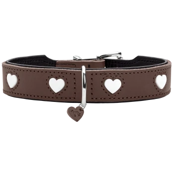 Braunes Leder-Hundehalsband mit weißen Herzeinlagen, silberner Schnalle und kleinem herzförmigem Anhänger mit Hundprägung.