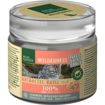 WILDERNESS Gefriergetrocknete Krill 6x20 g Frostgetrockneter Snack für Haustiere, gekennzeichnet "Real Nature Wilderness Antarctic Krill", mit einem Katzenbild, das "100% Krill" angibt.