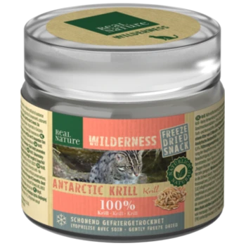 Frostgetrockneter Snack für Haustiere, gekennzeichnet "Real Nature Wilderness Antarctic Krill", mit einem Katzenbild, das "100% Krill" angibt.