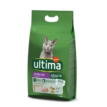 Stérilisé Adulte avec du Poulet 3 kg Sac vert de nourriture pour chats Ultima pour adultes stérilisés, avec un chat gris sur le devant, étiqueté "Poulet" et "3 kg".