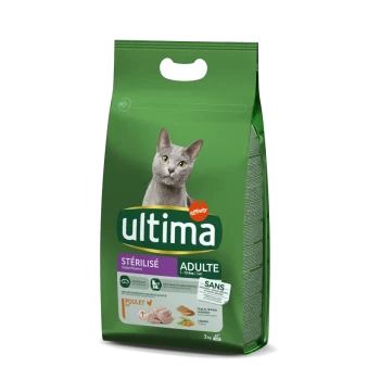 Sac vert de nourriture pour chats Ultima pour adultes stérilisés, avec un chat gris sur le devant, étiqueté "Poulet" et "3 kg".