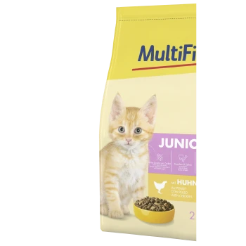 Un sac de nourriture pour chat MultiFit Junior avec un mignon chaton orange sur le devant, avec des détails clés sur les ingrédients et les avantages.