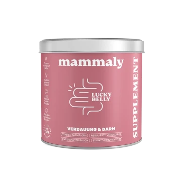 Rosa Dose mit Aufschrift 'mammaly', 'Lucky Belly' Verdauungs-Supplement (Verdauung & Darm).