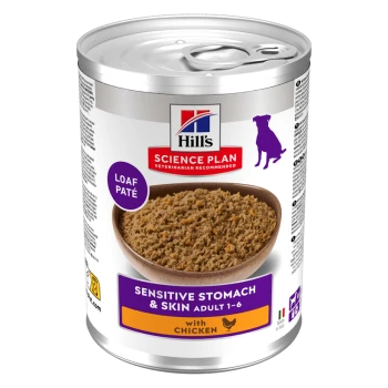 Can of Hill's Science Plan dog food, Loaf Paté — Sensitive Stomach & Skin Adult 1-6, with chicken
