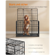 Ein Golden Retriever sitzt in einer stabilen schwarzen Metallhundekiste, mit Text, der den starken Stahlrahmen und die Eigenschaften hervorhebt.