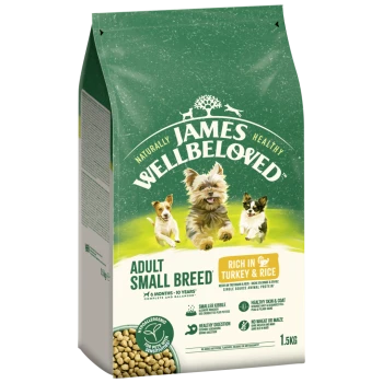 James Wellbeloved Adult Small Breed dog food bag, rich in turkey & rice, hypoallergenic, 1.5kg, for pets with sensitivities.