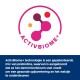Logo van ActivBiome+ met kleurrijke moleculaire vormen, met tekst die zijn gepatenteerde prebiotische technologie voor spijsverteringsgezondheid uitlegt.