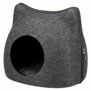 Höhle Cat Graues Filz-Katzenhaus mit einem runden Eingang, mit einem Reißverschluss an der Seite für einfachen Zugang und Reinigung.