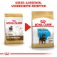 Vergleich von Royal Canin Hundefutter: links "Junior Rottweiler" für Welpen bis 18 Monate, rechts aktualisiertes "Puppy Rottweiler."