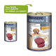 Nourriture pour chien en conserve "Premiere Meati Sensitive" avec de la viande de cheval et des pommes de terre, présentant une image de chien et une plus petite boîte. Nouveau design, même qualité.