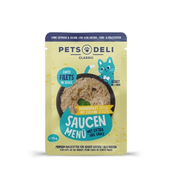 PETS DELI Classic Katzenfutterbeutel mit Hühnerfilets und Zucchini in Sauce, beschriftet für erwachsene Katzen, 70g.