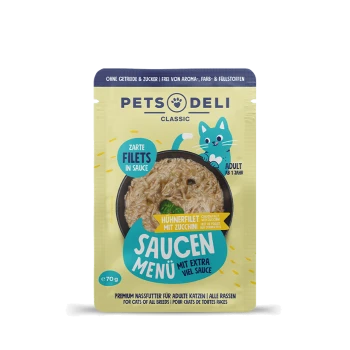 PETS DELI Classic Katzenfutterbeutel mit Hühnerfilets und Zucchini in Sauce, beschriftet für erwachsene Katzen, 70g.