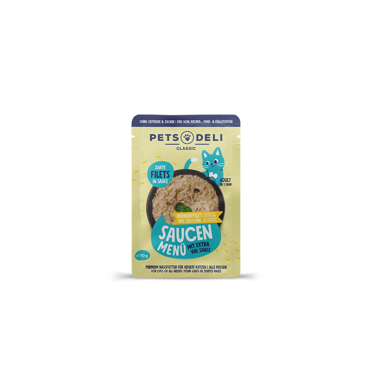 Pets Deli Nassfutter Katze Adult Saucen Menü Hühnerfilet mit Zucchini 12x70 g