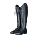 Schwarze Lederreitstiefel mit hohem Schaft, mit aufwendiger Schnürung und einem kleinen Knopfdetail oben.