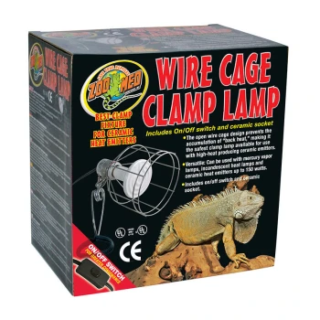 Box für Zoo Med Drahtkäfig-Klampe-Lampe mit einer keramischen Fassung, Ein/Aus-Schalter und einer Illustration einer Leguan.