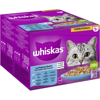 Multipack 1+ Fisch Auswahl in Gelee 24 x 85g Whiskas Katzenfutterbox mit einem Nahaufnahme eines Katzenkopfes, mit dem Text "Les Poissons favoris" und "100% qualité."