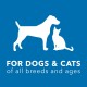 White silhouettes of a dog and a cat on a blue background with the text "FOR DOGS & CATS of all breeds and ages."