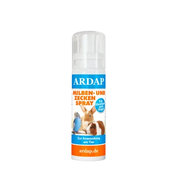Flasche ARDAP Milben- und Zecken Spray für Kleintiere und Vögel, mit einem Kaninchen, Meerschweinchen und Wellensittich auf dem Etikett.
