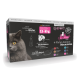 Verpackung für Katzenfutter mit dem Gesicht einer grauen Katze, mit Text auf Deutsch über natürliche Zutaten, 12 x 85g Portionen und verschiedenen Fleischsorten.