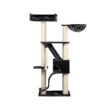 Schwarzer Katzenbaum mit mehreren Ebenen, Kratzpfosten und einer gemütlichen Hängematte für Haustiere.