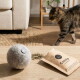 Ein grauer Filz-Katzenspielball neben einem offenen Paket Katzenminze, mit getrockneter Katzenminze, die herausfällt, beschriftet mit "Katzenminze" in schwarzem Text.