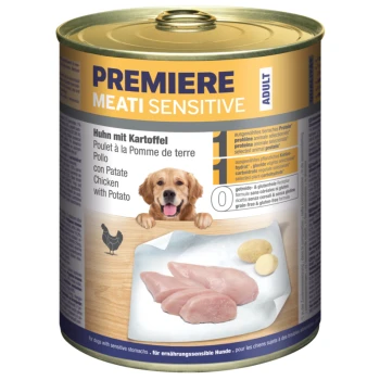 Dosen-Hundefutter mit der Bezeichnung 'Premiere Meati Sensitive', das Huhn und Kartoffel enthält, mit sichtbaren rohen Hühnerfilets und einer Kartoffel auf einem Teller.
