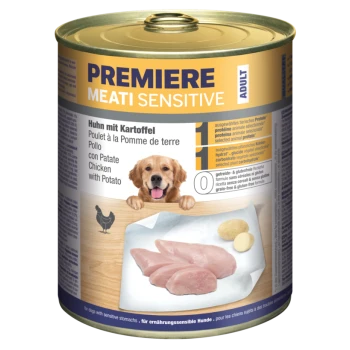 Dosen-Hundefutter mit der Bezeichnung 'Premiere Meati Sensitive', das Huhn und Kartoffel enthält, mit sichtbaren rohen Hühnerfilets und einer Kartoffel auf einem Teller.