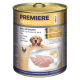Dosen-Hundefutter mit der Bezeichnung 'Premiere Meati Sensitive', das Huhn und Kartoffel enthält, mit sichtbaren rohen Hühnerfilets und einer Kartoffel auf einem Teller.