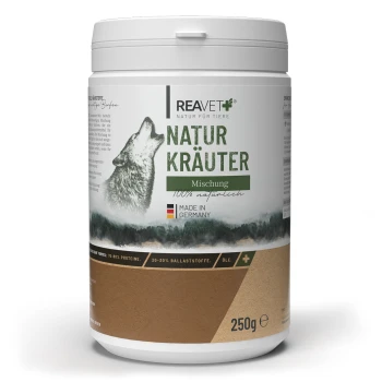 Behälter mit "Natur Kräuter Mischung" Kräutermischung für Haustiere, mit einem Wolfsgrafik, beschriftet 100% natürlich, hergestellt in Deutschland, 250g.