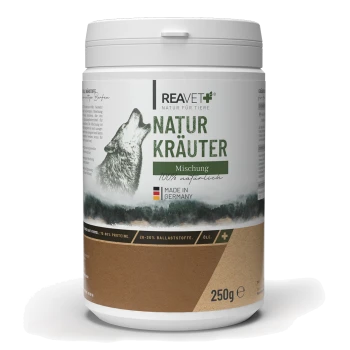 Behälter mit "Natur Kräuter Mischung" Kräutermischung für Haustiere, mit einem Wolfsgrafik, beschriftet 100% natürlich, hergestellt in Deutschland, 250g.
