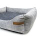 Grau Haustierbett mit einer weichen, plüschigen Textur und erhöhten Rändern, mit einem braunen Etikett, das "REXPRODUCT.COM" liest.