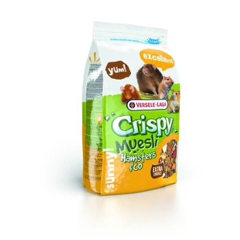 Kolorowa torba Versele-Laga Crispy Muesli dla chomików, z obrazkami małych gryzoni i tekstem "yUm!" oraz "doskonałe."
