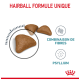 Croquettes de nourriture pour chat Hairball Formula Unique, présentant une combinaison de fibres et de psyllium, avec un design rouge et blanc.