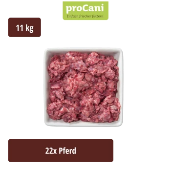 Packung mit 22 proCani pure Pferdefleisch-Hundefutter, vakuumversiegelt mit Etikett, das eine Hundeschnauze und Fütterungsanweisungen zeigt.