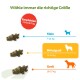 Deutsche Größenübersicht für Hundekausnacks mit drei Krokodil-Kausnacks, Bereiche 7–12 / 12–18 / 18–27 kg; Text: „Empfohlen: 1 Snack/Tag“.