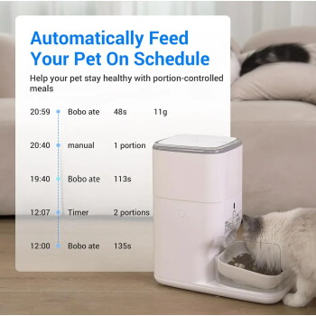 Automatischer Futterautomat mit fressender Katze; Overlay-Text: 'Füttern Sie Ihr Haustier automatisch nach Zeitplan' und Details zum Fütterungszeitplan.