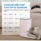 Automatischer Futterautomat mit fressender Katze; Overlay-Text: 'Füttern Sie Ihr Haustier automatisch nach Zeitplan' und Details zum Fütterungszeitplan.