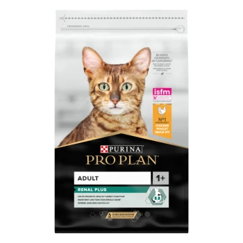 Purina Pro Plan Adult Renal Plus Katzenfutterbeutel mit einem Bengal-Katzen-Nahaufnahme und dem Text: "Hilft, die gesunde Nierenfunktion zu fördern."