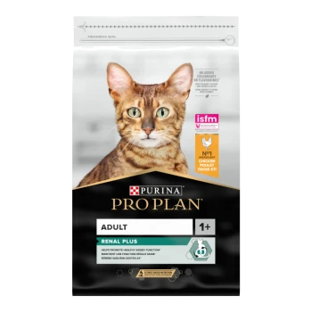 Sac de nourriture pour chats Purina Pro Plan Adult Renal Plus avec un gros plan de chat Bengal et texte : "Aide à promouvoir une fonction rénale saine."