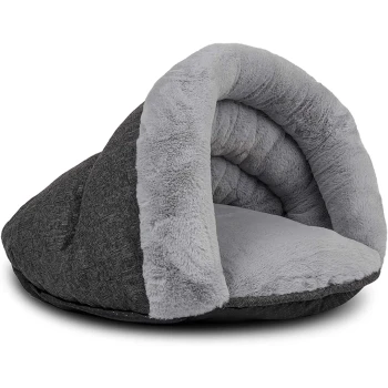 LunaSuite Kuschelhöhle grau S Gemütliches graues Haustierbett mit einem weichen, plüschigen Innenraum und einem gerollten Randdesign, perfekt für kleine Hunde oder Katzen.
