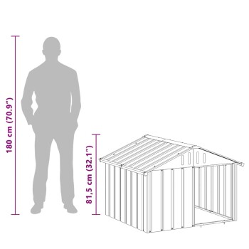 Silhouette einer 180 cm großen Person neben einem 81,5 cm hohen Metall-Haustierunterstand mit schrägem Dach und offener Seite.
